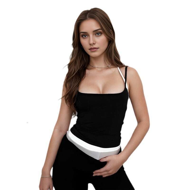 M23tp768 Women's Spring Summer New Color-Block Fake Two-Piece Halter Neck Backless Crop Top T-Shirt For Women B5