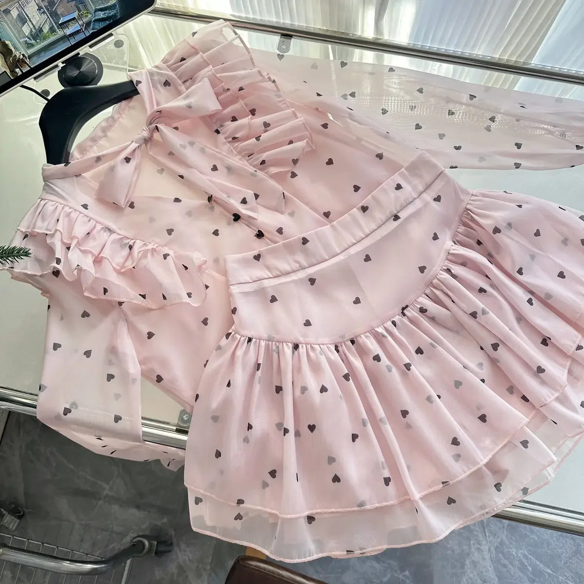 Korejpaa Two Piece Sets Women Dot Printed Bow Collar Ruffled Pink Shirtshigh Waist Slimming Mini Skirt Chic Blouse Skirts Suit 250724