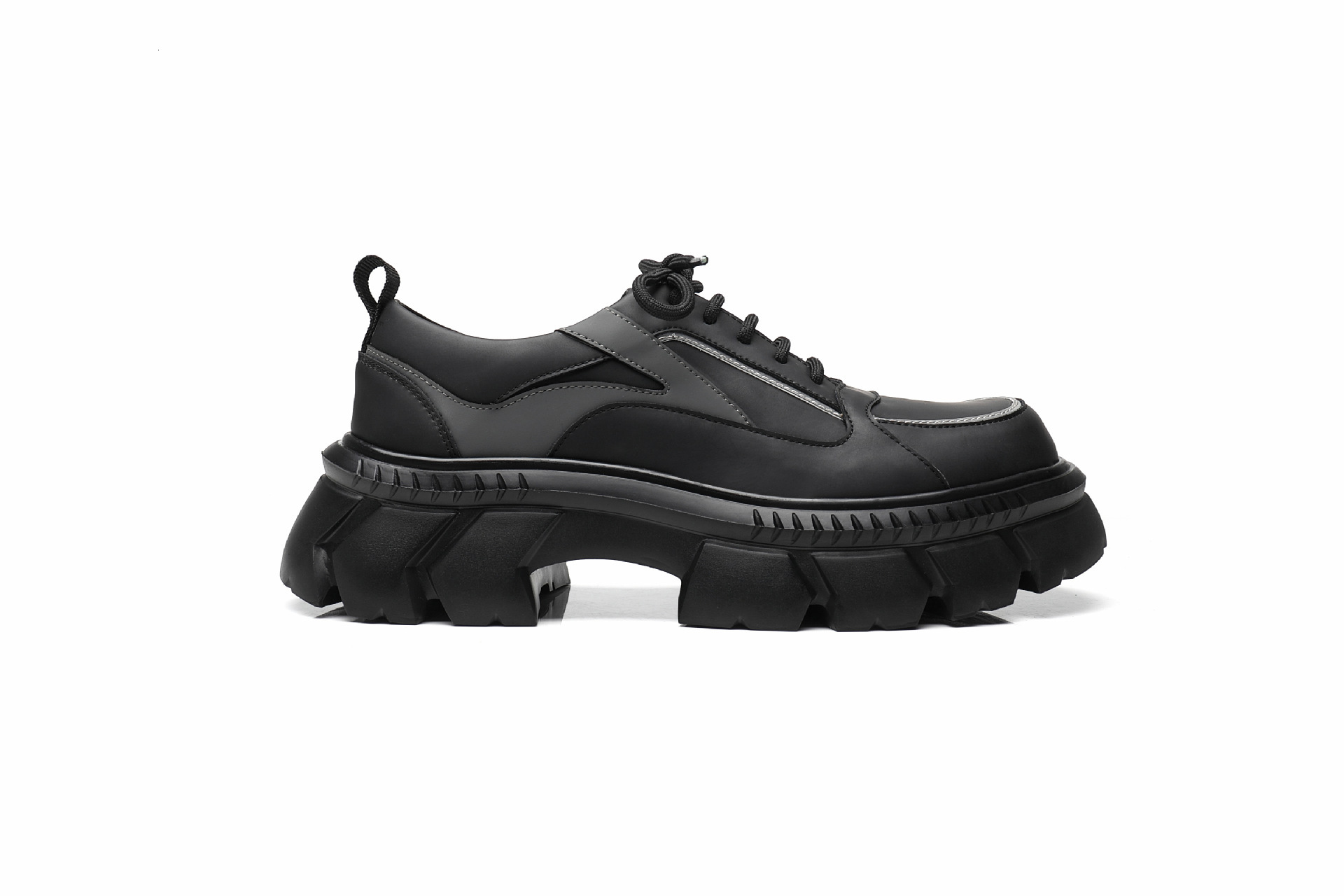 Derby with Big Toe Design, Thick Sole, Reflective Black, Height Increasing, British Style, Casual Men's Leather Shoes