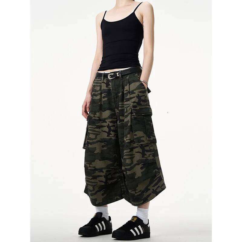 Designer Clothing 2025 Women Short Jeans Green Camouflage American Vintage Y2k Straight Streetwear Wide Leg Pants High Waist Female Summer Denim Short