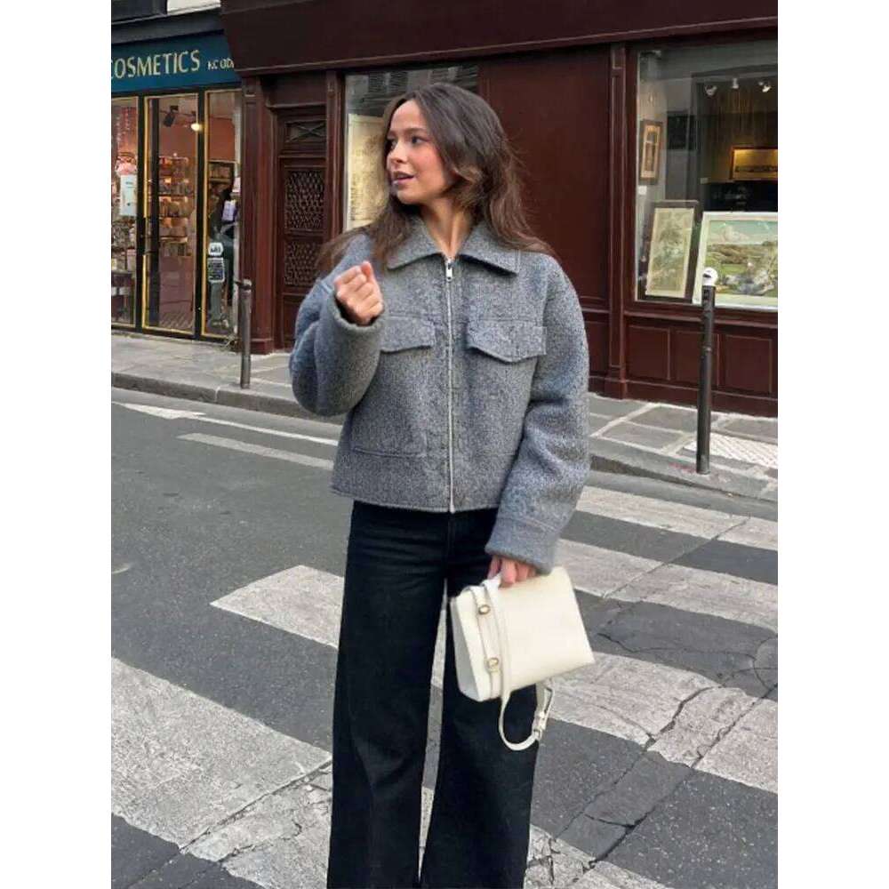 hoodie Women Autumn Casual Solid Jacket Zipper Fashion Lapel Long Sleeve Coat With Front Flap Pocket Female Chic Grey Outwear jacket