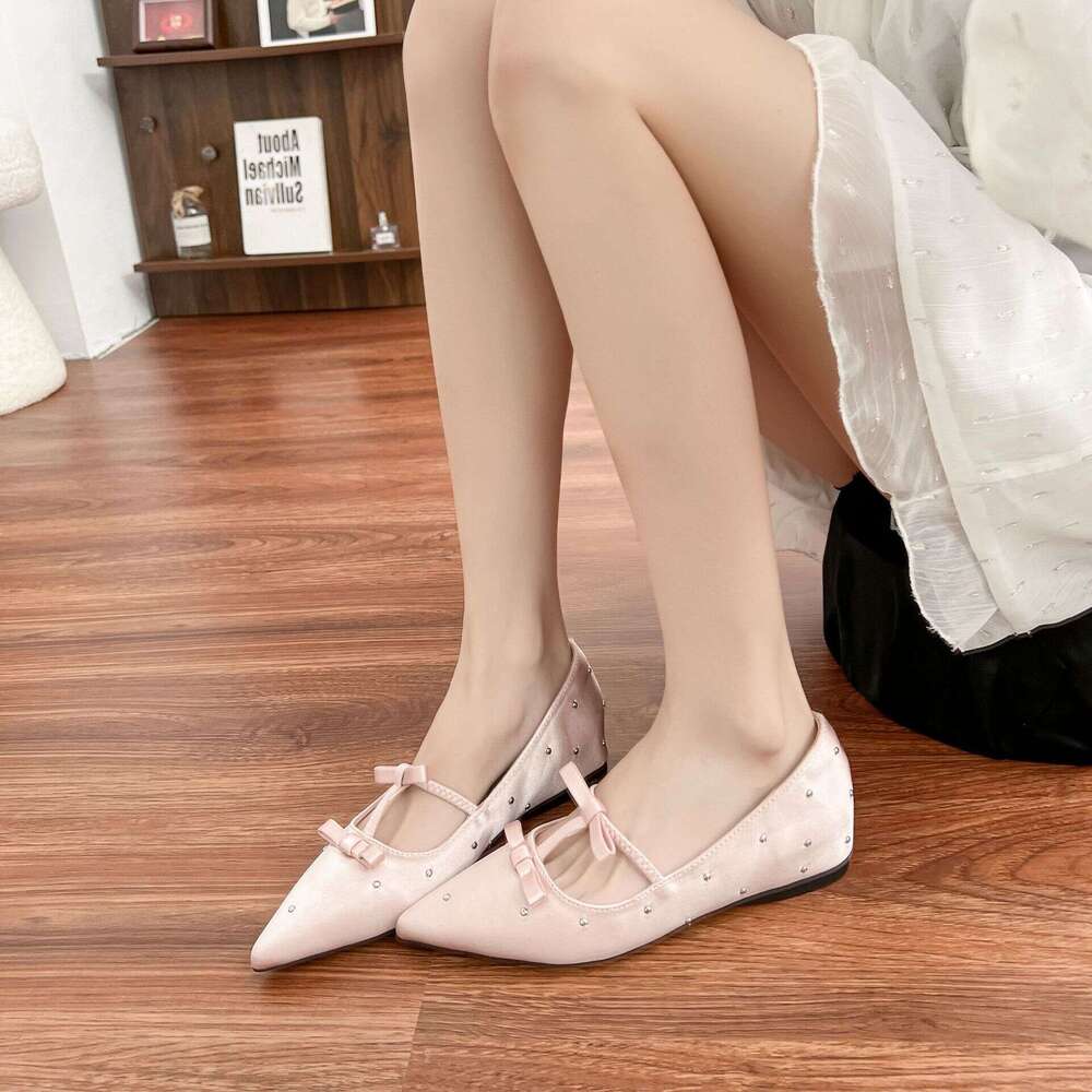 Hidden Heel Flat for Women with Bowknot Pointed Toe Strap Elegant Soft Sole Comfortable Rivet Mary Jane Shoes