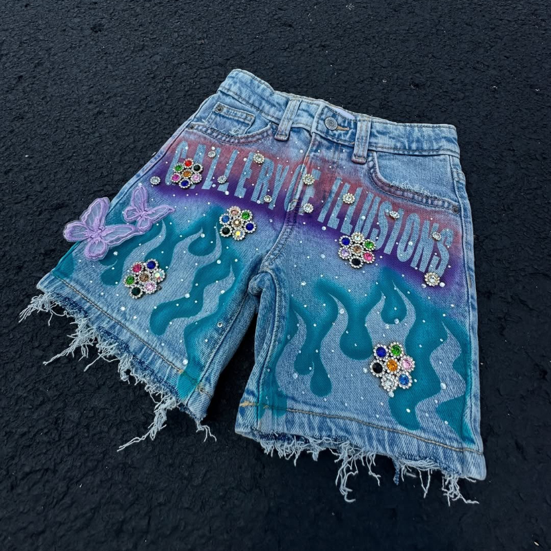 Men's Shorts Tassel Flame Print Pattern Rhinestone Butterfly Decoration Loose Denim Retro American Street Men Women Fashion Jeans Home Casual Men