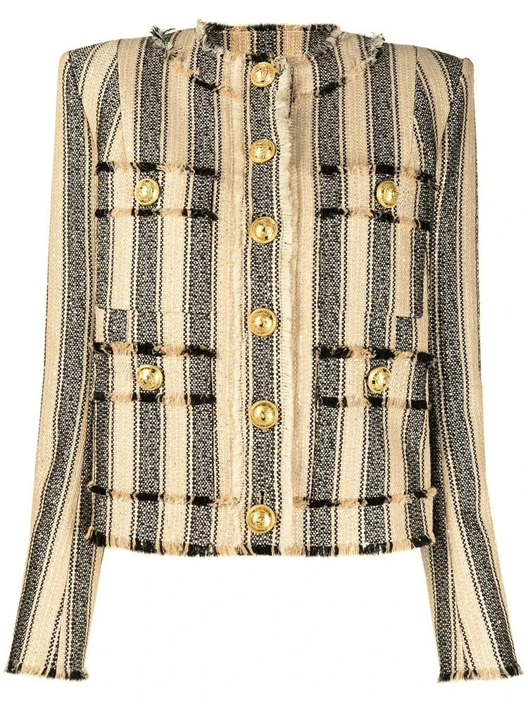HIGH STREET est AW ner Outerwear Womens Elegant Yellow Black Striped Tassel Fringed Tweed Jacket 250728