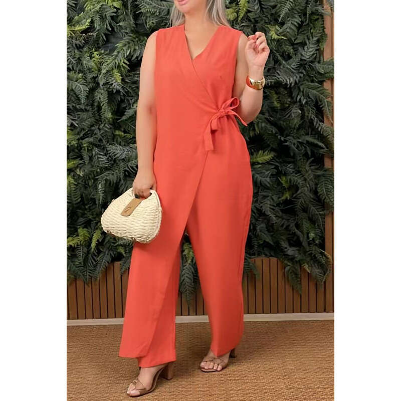 2025 Spring Summer New Cross-Border Trade Independent Station Women's Solid Color Casual V-Neck Tie Jumpsuit