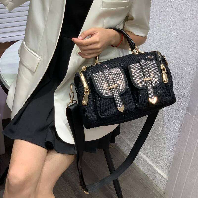 Women High end Rhinestone Fashion Mesh Large Capacity Tote Multi Pocket Handbags Dias Crossbody Shoulder Bag