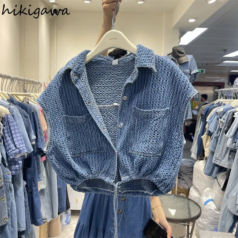Denim Crop Jackets for Women 2025 Ropa Mujer Short Sleeve Slim Waist Drawstring Outwear Y2k Tops Casual Fashion Summer Coat 250728