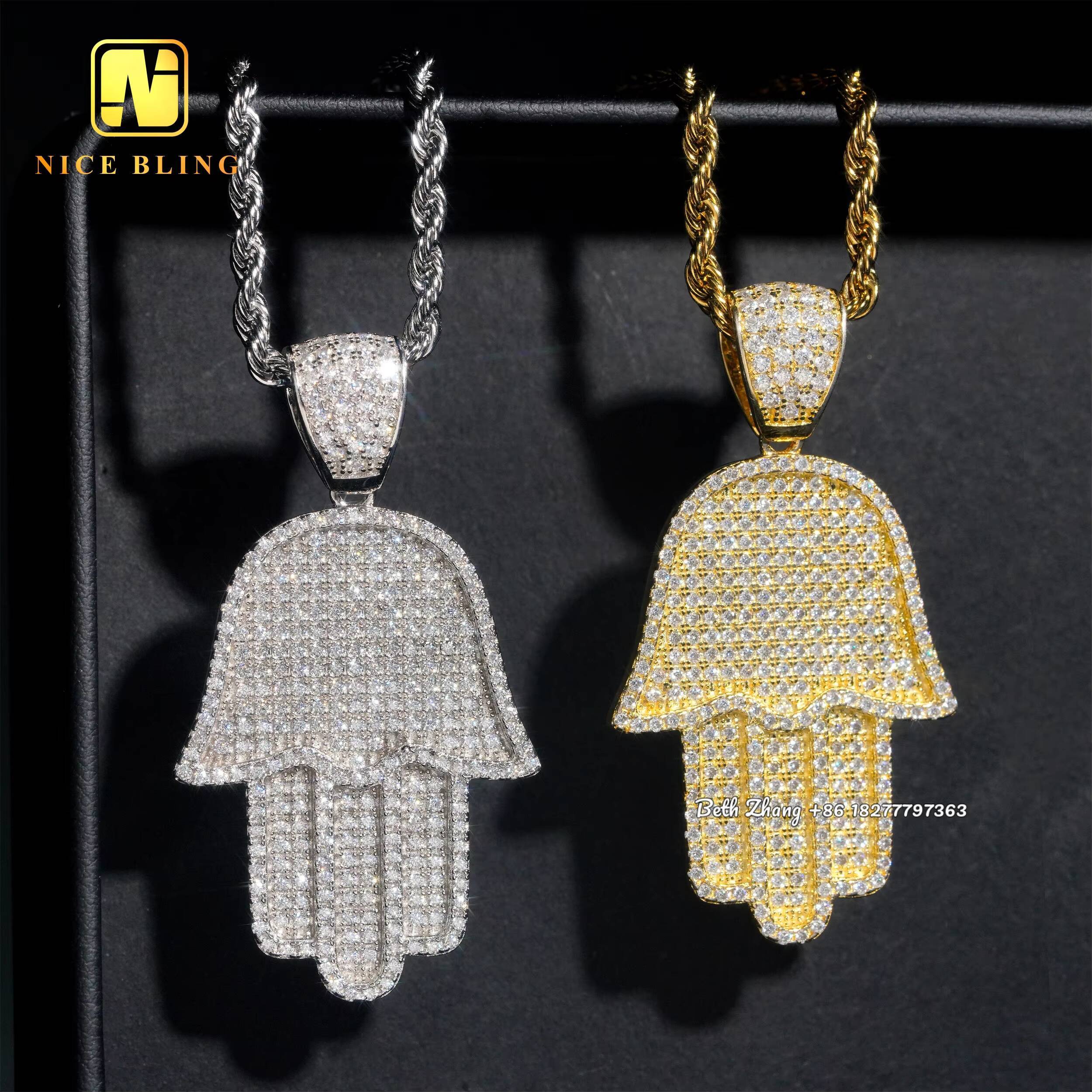 Full Iced Out Jewelry Silver Pendant Charms Fashion Moissanite Hip Hop Pendant Vvs Diamond Hamsa Hand Pendant
