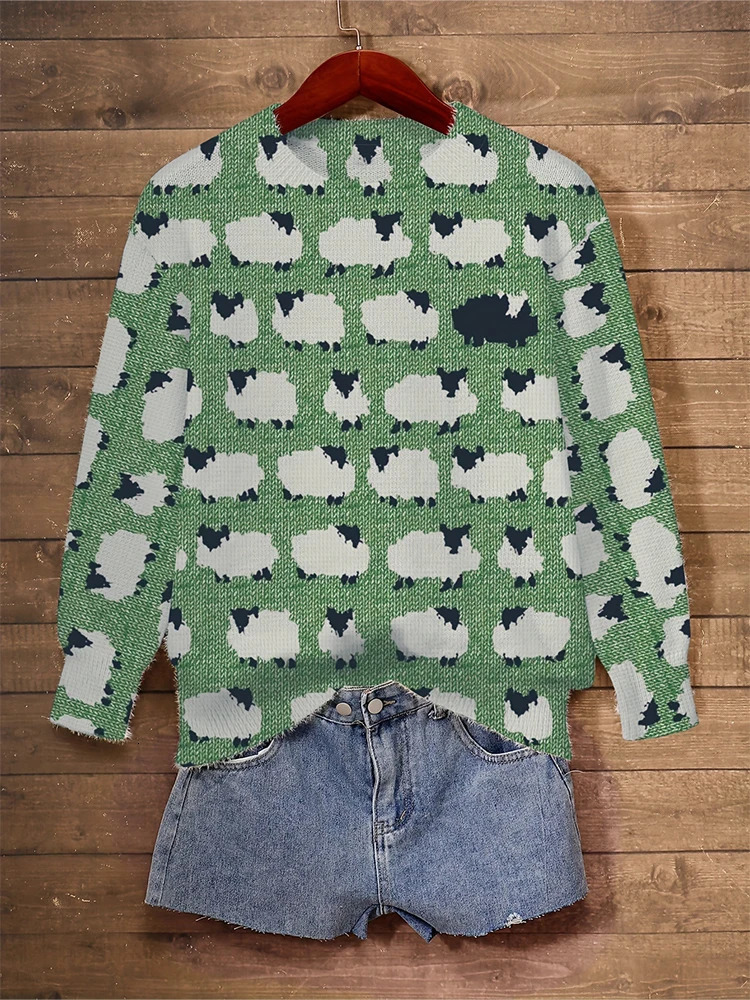 Plus Size Sheep Pattern Crew Neck Sweater Casual Long Sleeve Womens Autumn Winter Choice Arrival 250728