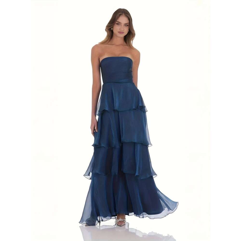 Navy Blue Layered Ruffle Hem A-Line Bridal Gown for Galas & Evening Events