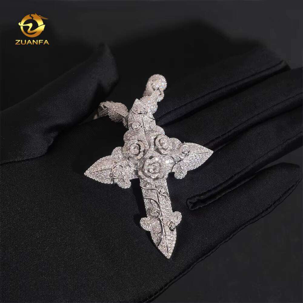 Hip-Hop Accessories Iced Out Cross Cuban Chain Sier Gray Stone Charm Pendant