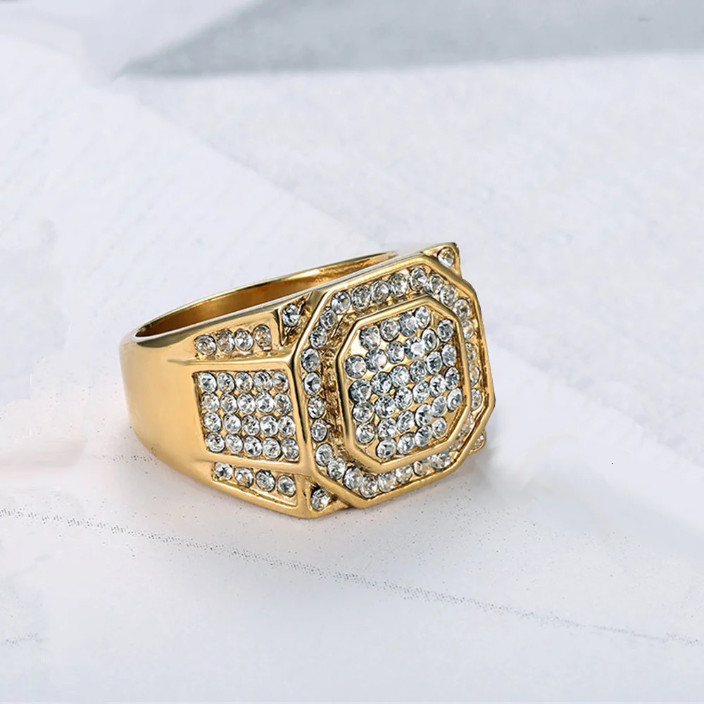Hip Hop Iced Out Bling Square Ring Male Gold Color Stainless Steel Zircon Rapper Party Big Rings For Men Fashion Jewlery Gift 250723
