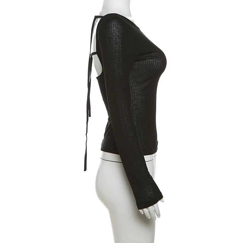 Women Autumn Longsleeved Slash Neck Crop Tops Elastic Sexy Slim Backless Tshirts Female Fashion Laceup Solid Top Tees 250728