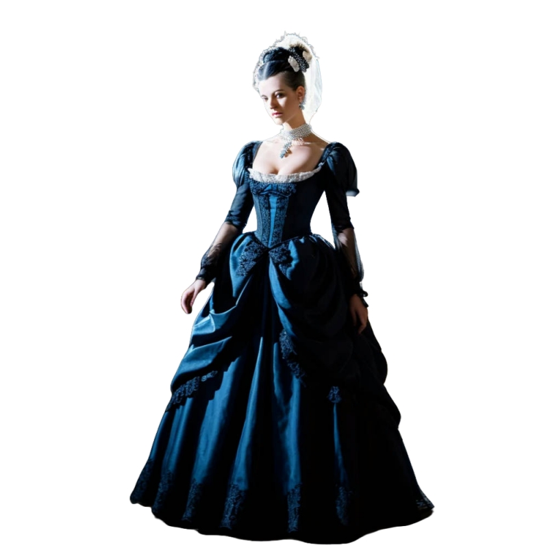 Historical Versailles Palace Prom Dresses Vintage Victorian Ruched Evening Gown Navy Long Sleeves Medieval Renaissance Dress
