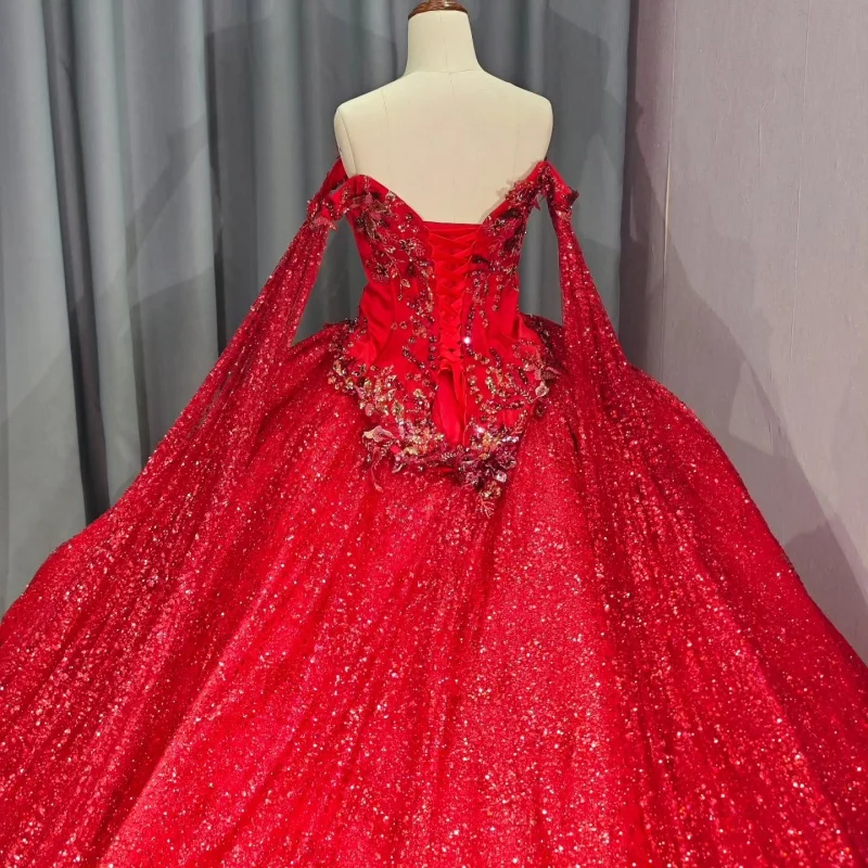 Red Shiny Princess Quinceanera Dresses Appliqued Lace Beading Crystal With Cape Tull Sweet 16 Dress Sweetheart Ball Gown Vestidos 15 Anos