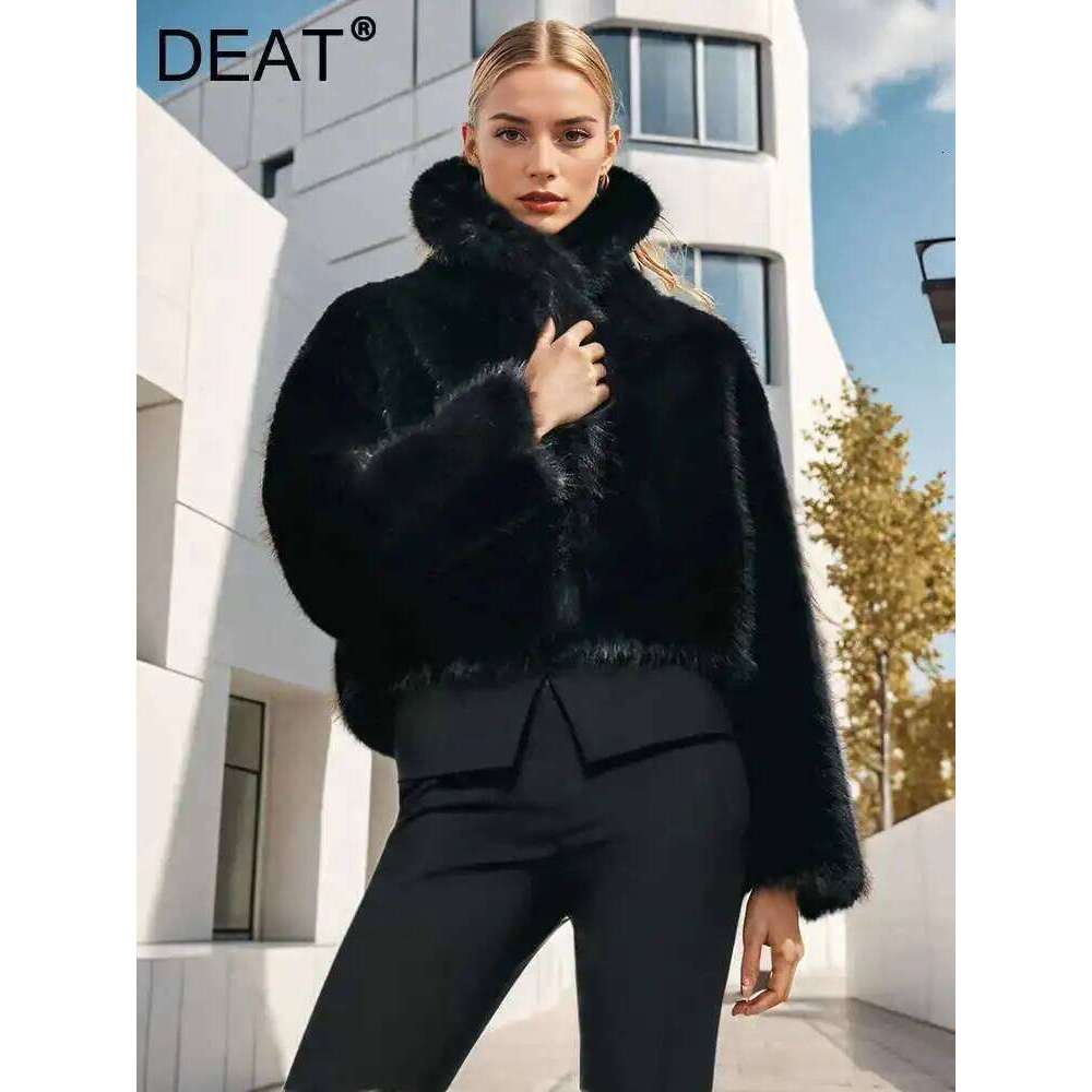 DEAT Fashion Faux Fur Coat Women's Lapel Loose Long Sleeve Black Thick Warm Plush Short Jacket Winter 2024 New Tide 7Ab6349