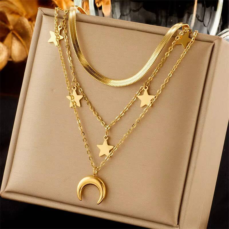 Trendy Stainless Steel 18k Gold Layered Pearl Shell Zircon Heart Butterfly Charm Pendant Necklace Women Evil Eyes Moon Necklace