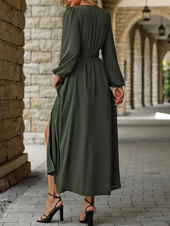 Plus Size Womens Plain V Neck Long Sleeve Split Casual Dresses Beach Holiday Maxi Dresses 250728