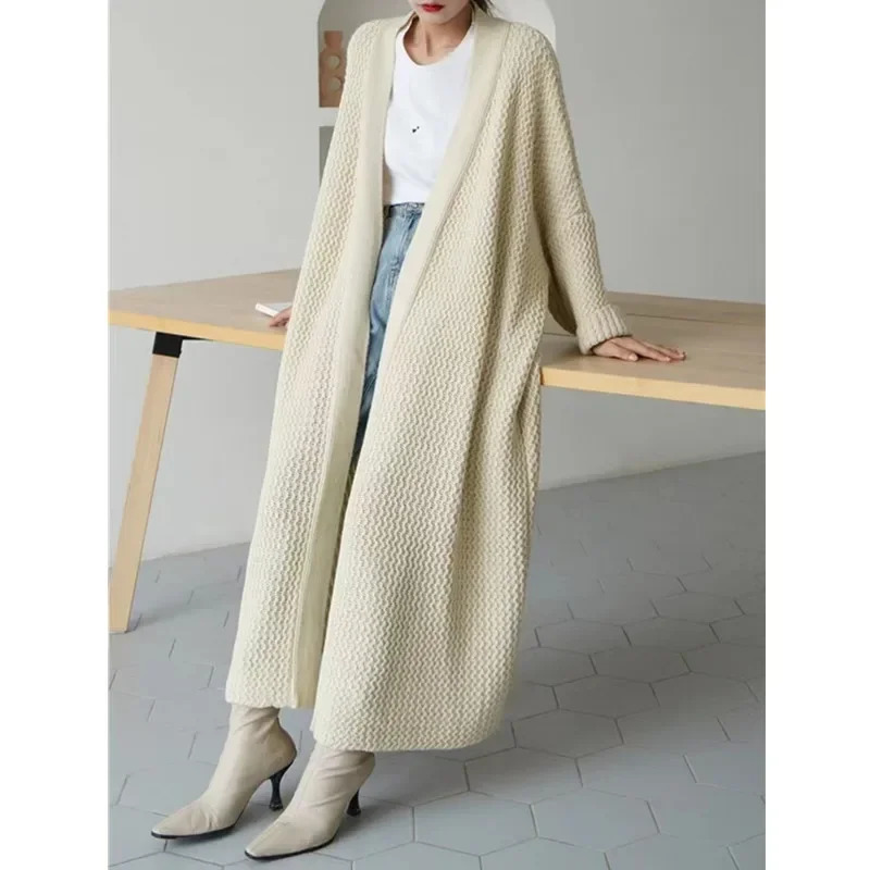 Thicken Loose Long Cardigan Sweater Coat Sleeve Warm Knit Outerwear VNeck Casual Office Jacket For Women Fall Winter 250728