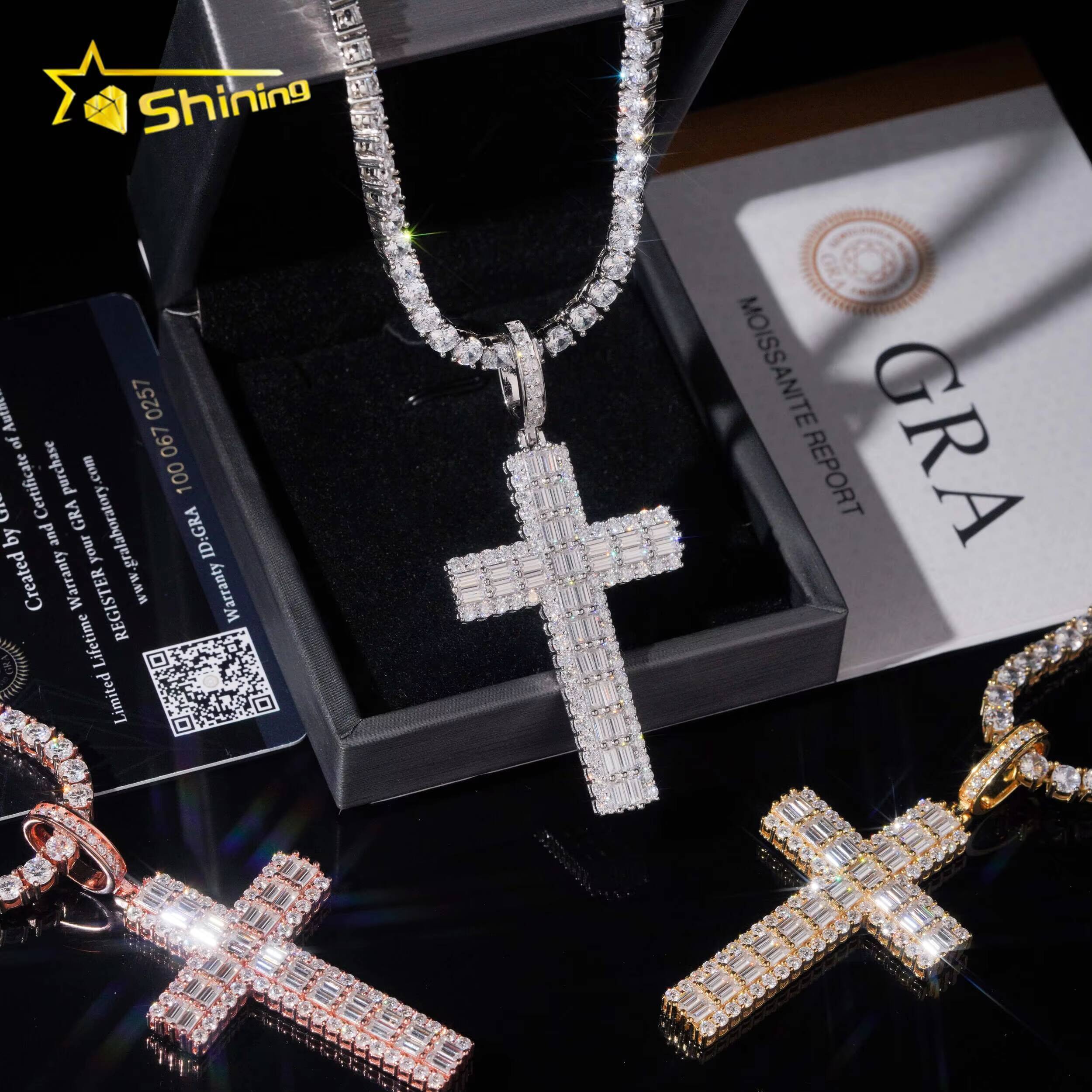 Custom Made Shining Baguette Diamond 925 Silver Cross Mens Hip Hop Iced Out Moissanite Pendant
