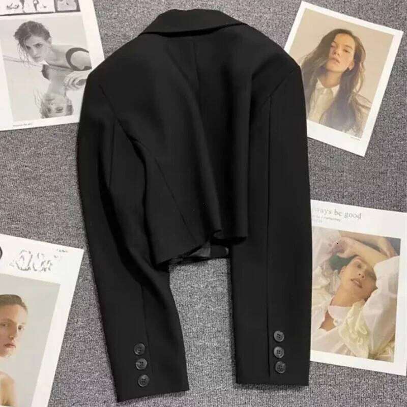 Black Cropped Blazers Woman Trend 2025 New All-Match Notched Collar Crop Jacket Women Korean Chic Single Button Suit Coat
