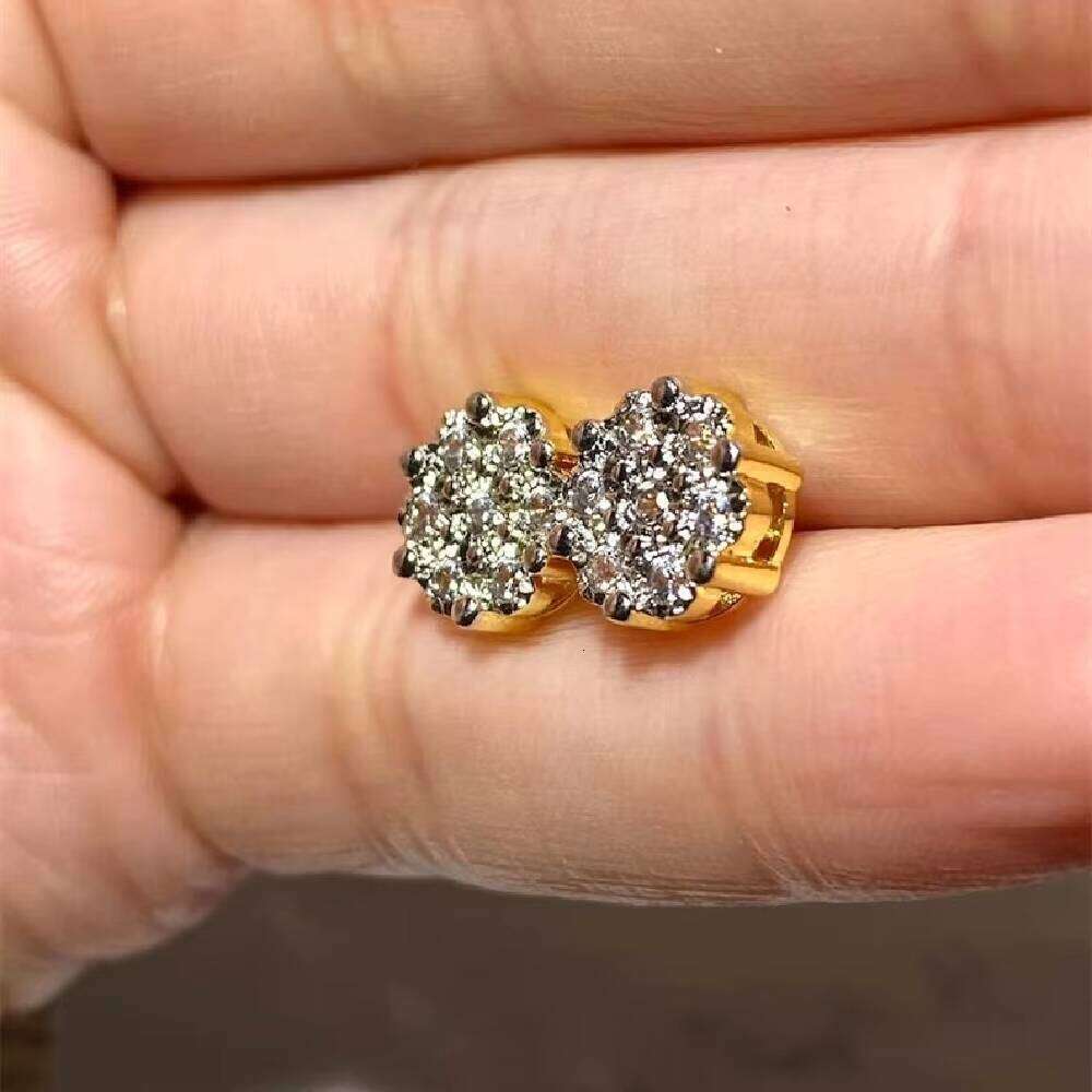 Hip-Hop Men's Ice-Cold 14k Gold-Plated Flower Spiral Back Cluster Tourmaline Earrings