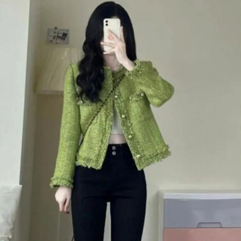 Autumn Winter Korean Short Tweed Coat Women Long Sleeve Small Fragrance Jacket Vintage Casual Jackets Female Outerwear 250728