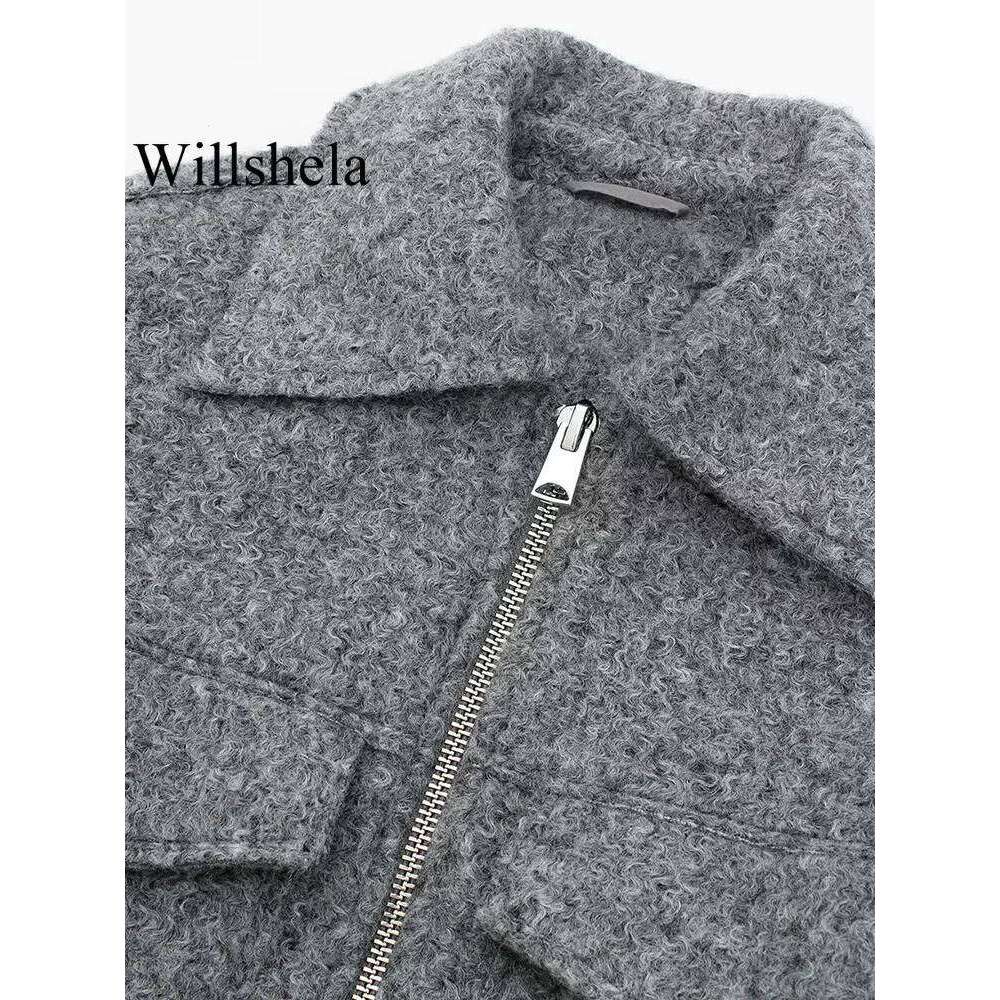 hoodie Willshela Women Fashion With Pockets Grey Front Zipper Jackets Vintage Lapel Neck Long Sleeves Female Chic Lady Outfits jacket