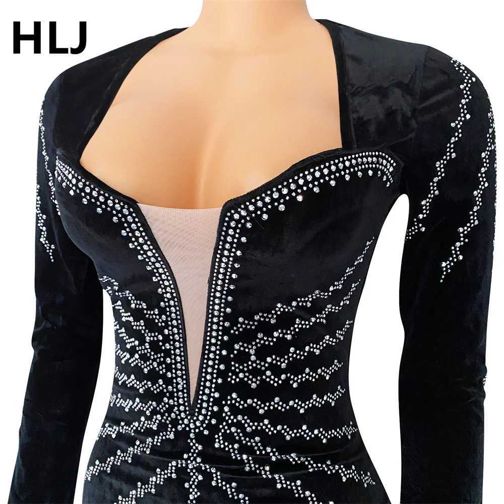 HLJ Fashion Pearls Rhinestones Deep V Bodycon Party Club Dresses Women Round Neck Long Sleeve Velvet Dresses Sexy Mermaid Dress Z250728