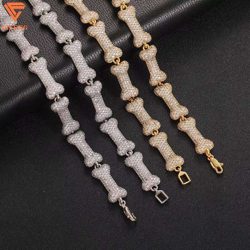 Hot Sales Fashion Jewelry 10mm Width Sier Iced Out VVS Moissanite Cute Dog Bone Shaped Bling Thin Cuban Chain Bracelet Men