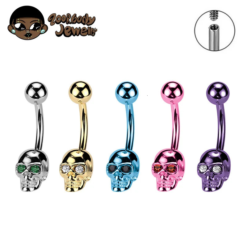 ASTM 36 Skull CZ Belly Button Ring Piercing 14G Female Thread Anodized Jewelry Punk Rock Gothic Body Belly Piercing 250722