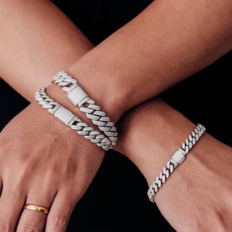 Hip-hop 18k Gold 6mm 8mm Thick 8-26 Inches Cuban Link Set with Morganite 925 Silver Mens Stone Cuban Chain Bracelet GRA