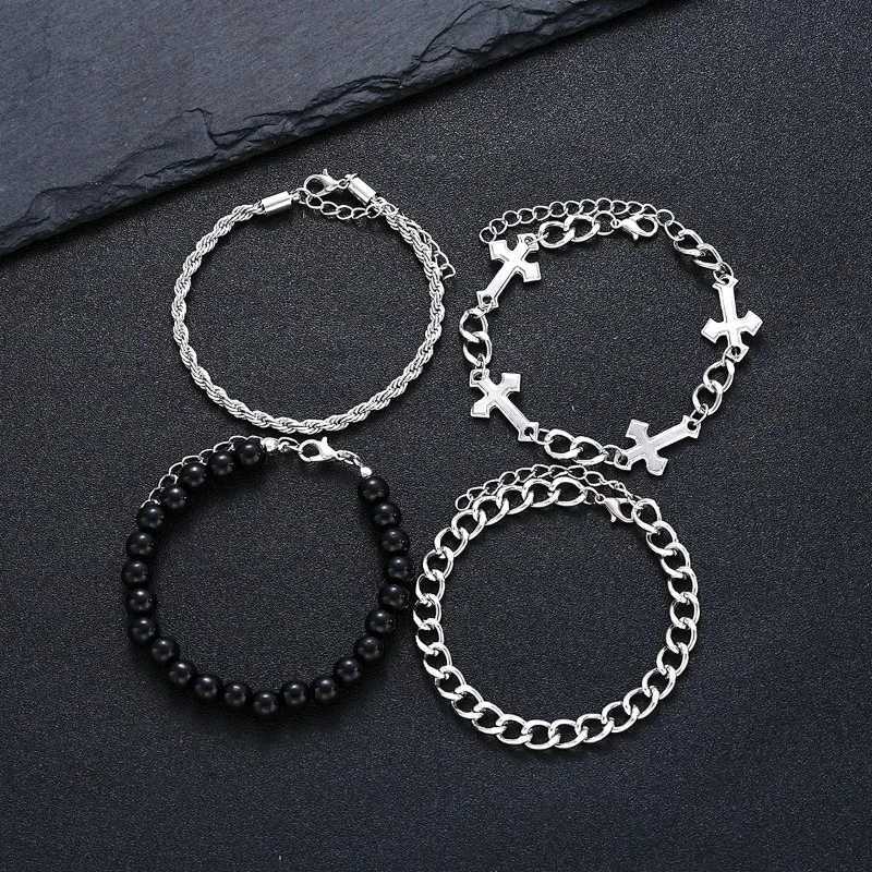 4 Pcs Stainless Steel Bracelet Set For Men Women Punk Fashion Cross Beads Chain Bracelets Simple Hip Hop Unisex Jewelry Gift New W250728