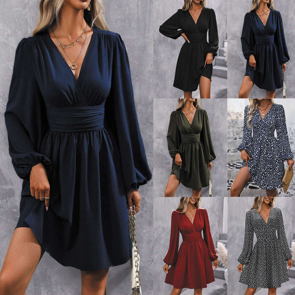 Autumn and Winter Fashion Design New Style Oblique Collar Lantern Sleeve Ruched Waist Black Dress