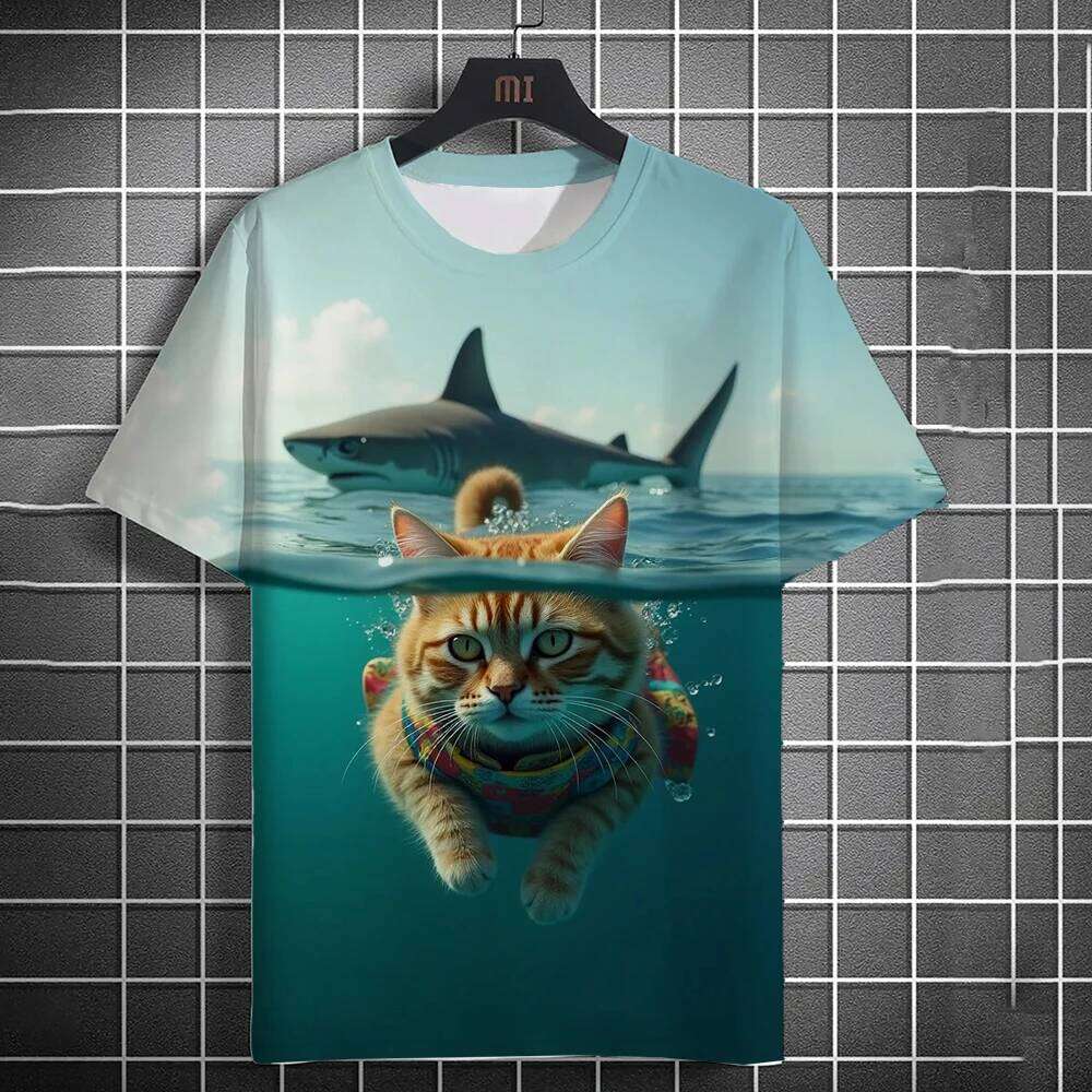 Men's Orange Ai 3D Beach Catching Fish Cat Printed Short Sleeve Daily Casual Round Neck T-Shirt Tops