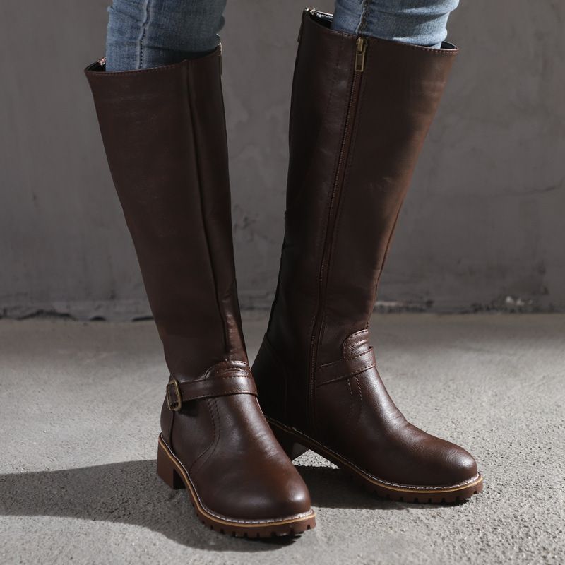 Brown & Black Leather Knee-High Boots with Zipper for Cold Weather
