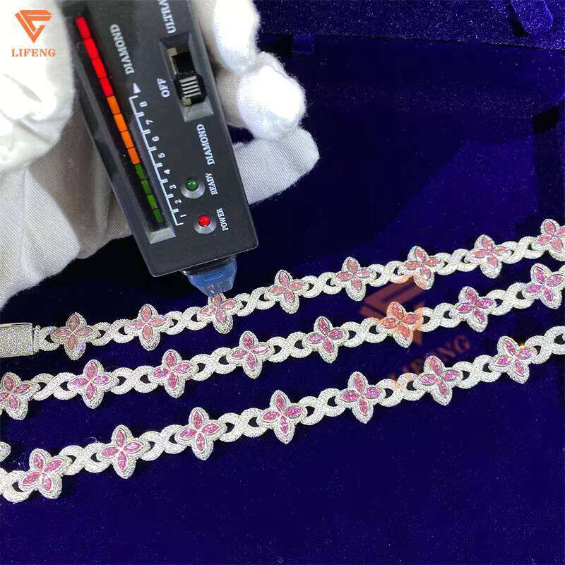 Custom Hip Hop Jewelry 14mm White Gold Sterling Sier Pink Moissanite Dia Four Leaf Clover Infinity Link Bracelet