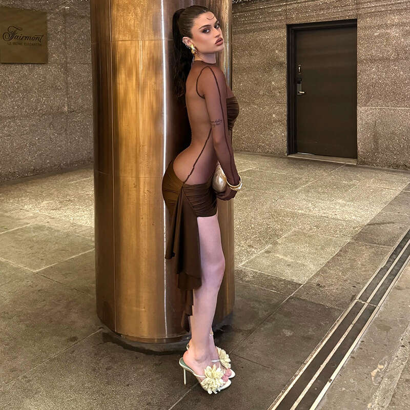 Y24ds531 Women's Autumn New Sexy Mesh Hollow Pleated Round Neck Patchwork Dress B5