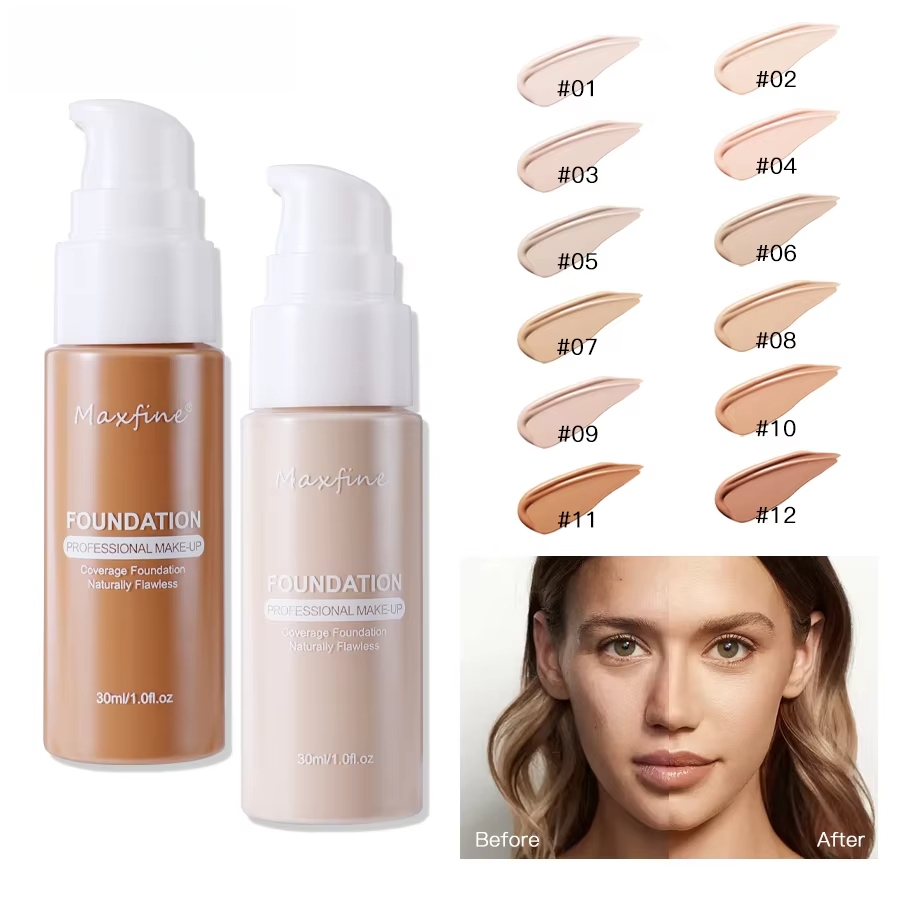 12Color Liquid Foundation Long-lasting Waterproof Face Concealer Foundation Cream Professional Matte Makeup Cosmetics Matte Liquid Foundation Oil Cont