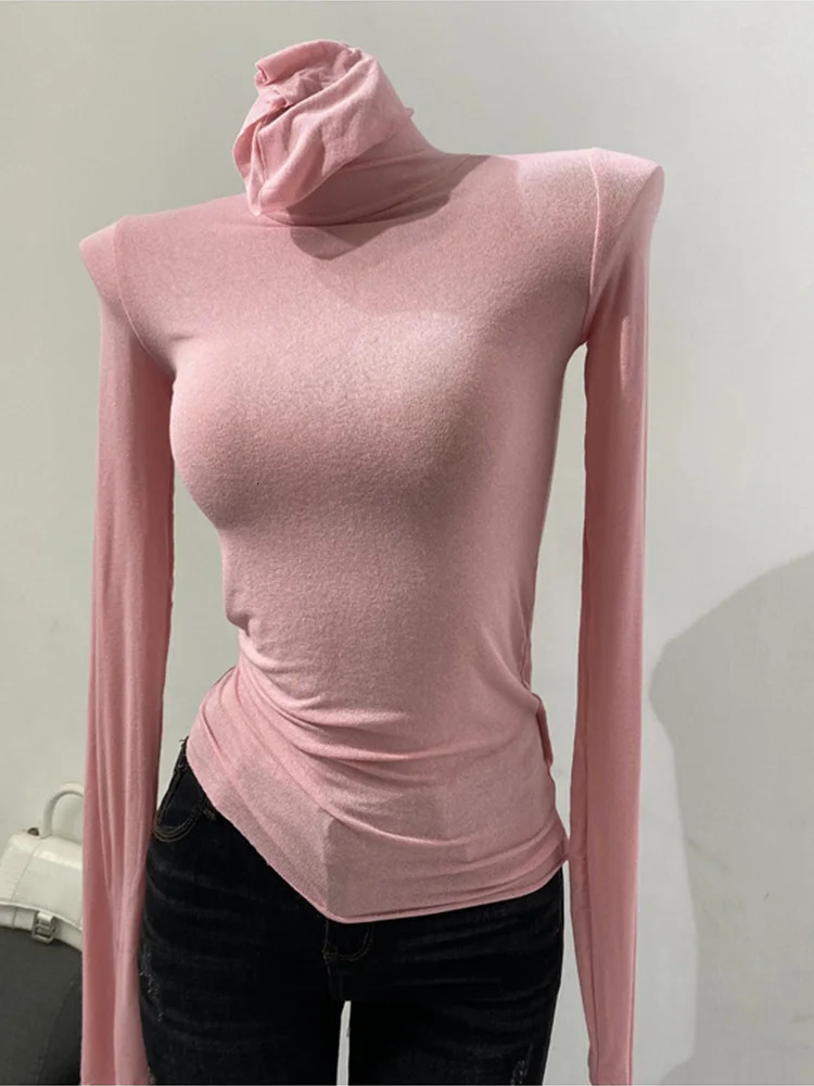 Thin Soft American Long Sleeve Tshirt High Stacked Neck Tight Perspective Bottom Shirt Womens Slim Fit Tops Sexy Streetwear 250728