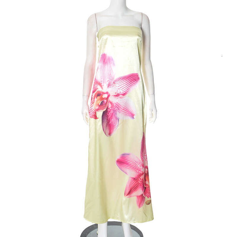 F24ds372 Women's Autumn Winter Strapless Hollow Out Backless Floral Print A-Line Dress B5