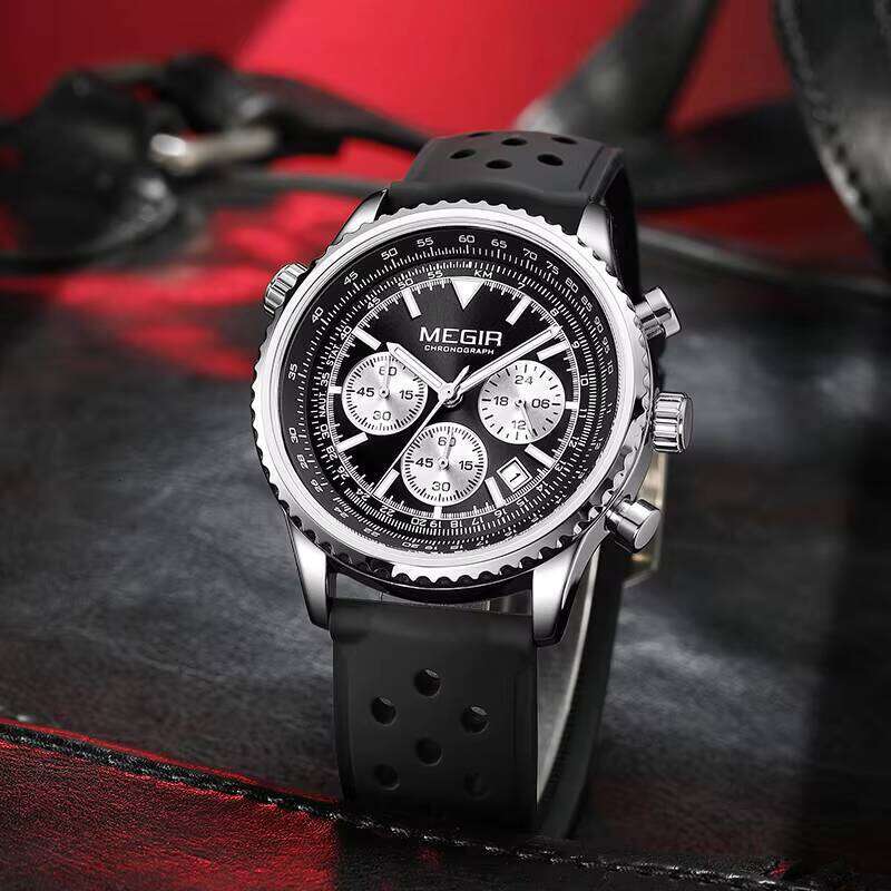 DHgargets MEGIR 2236 Men's Ultra-Thin Business Watch - 43.5mm Silicone Strap, Waterproof 30M, Luminous, Chronograph, Date