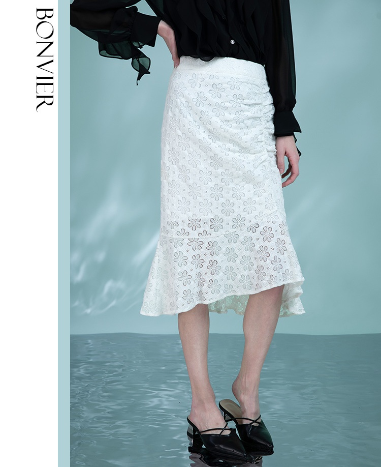 Women's White Lace Cocktail Skirts Wedding Guest 2025 Spring Ruffles Hem Little Mermaid Skirt Office Lady Wear 6111038