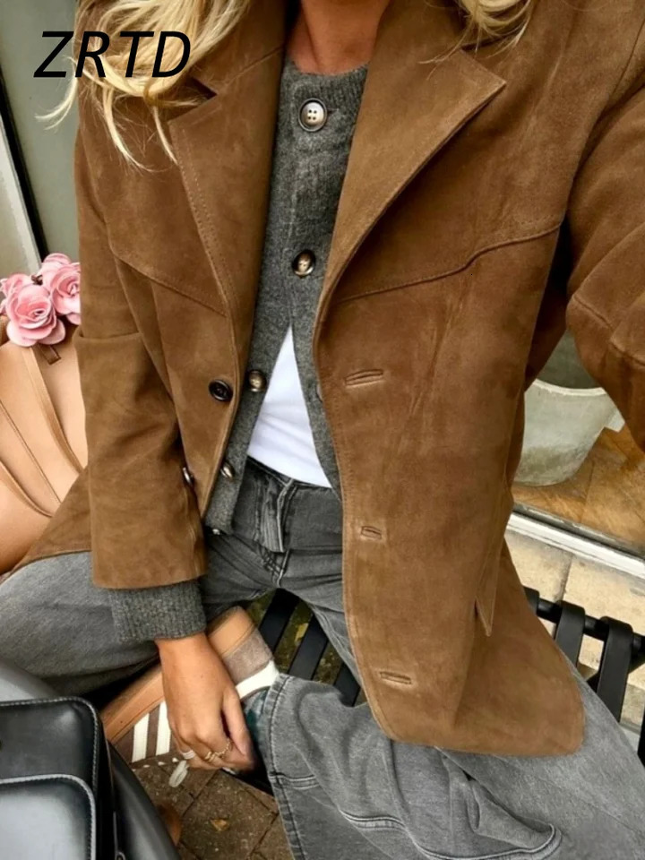 Elegant Womens Suede Jackets Loose Lapel Single Breasted Long Sleeve Female Coats Spring Lady Street Commute Outerwear 250728