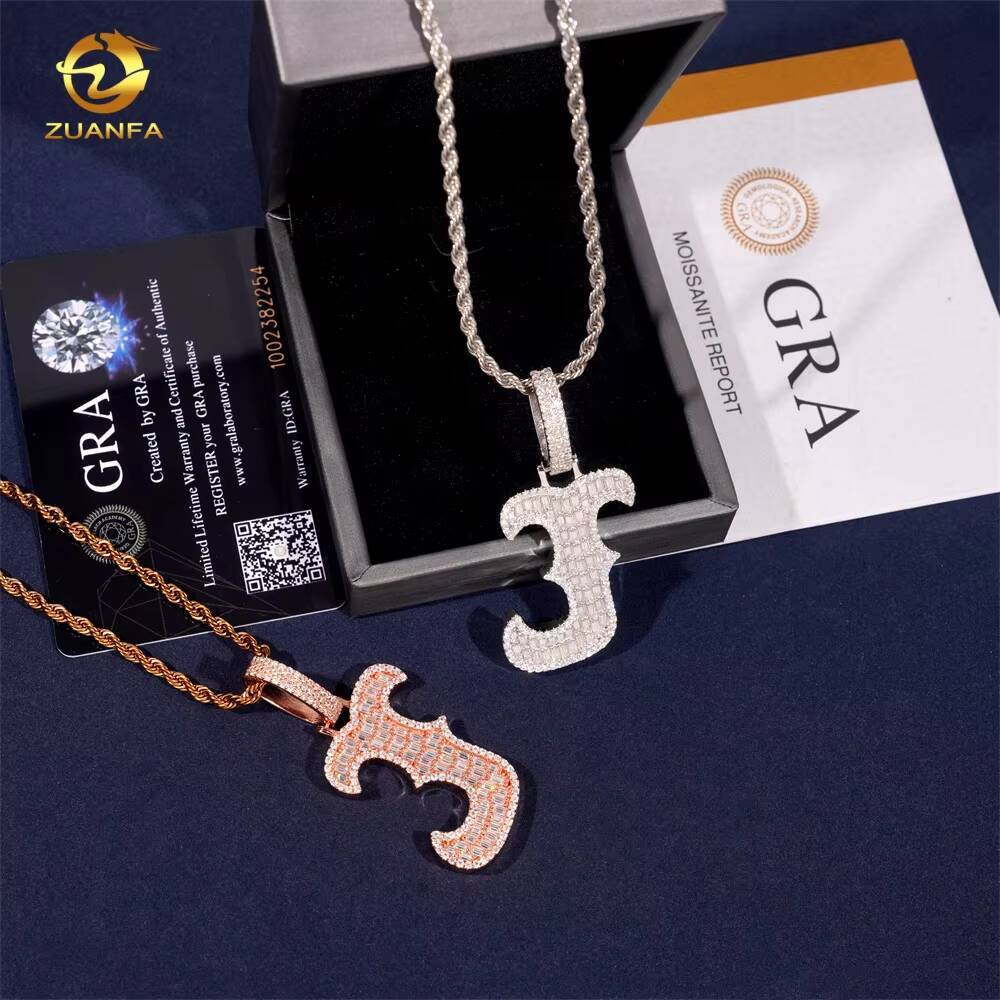 Name Pendant Fashion Baguette Diamond Hip Hop Jewelry Custom Iced Out 925 Silver VVS Moissanite Initial Letter J Pendant Charm