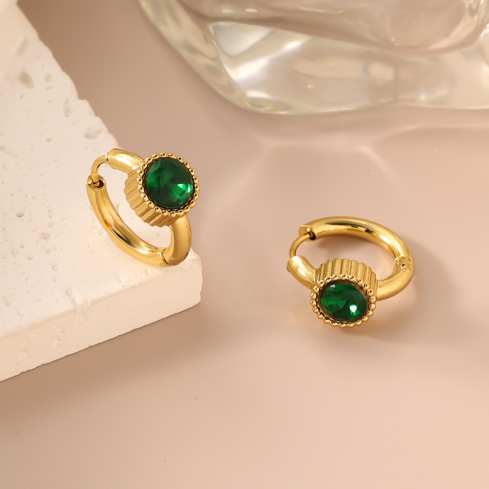 Stainless steel jewellery with coloured zirconia stones, light luxury high-end earrings