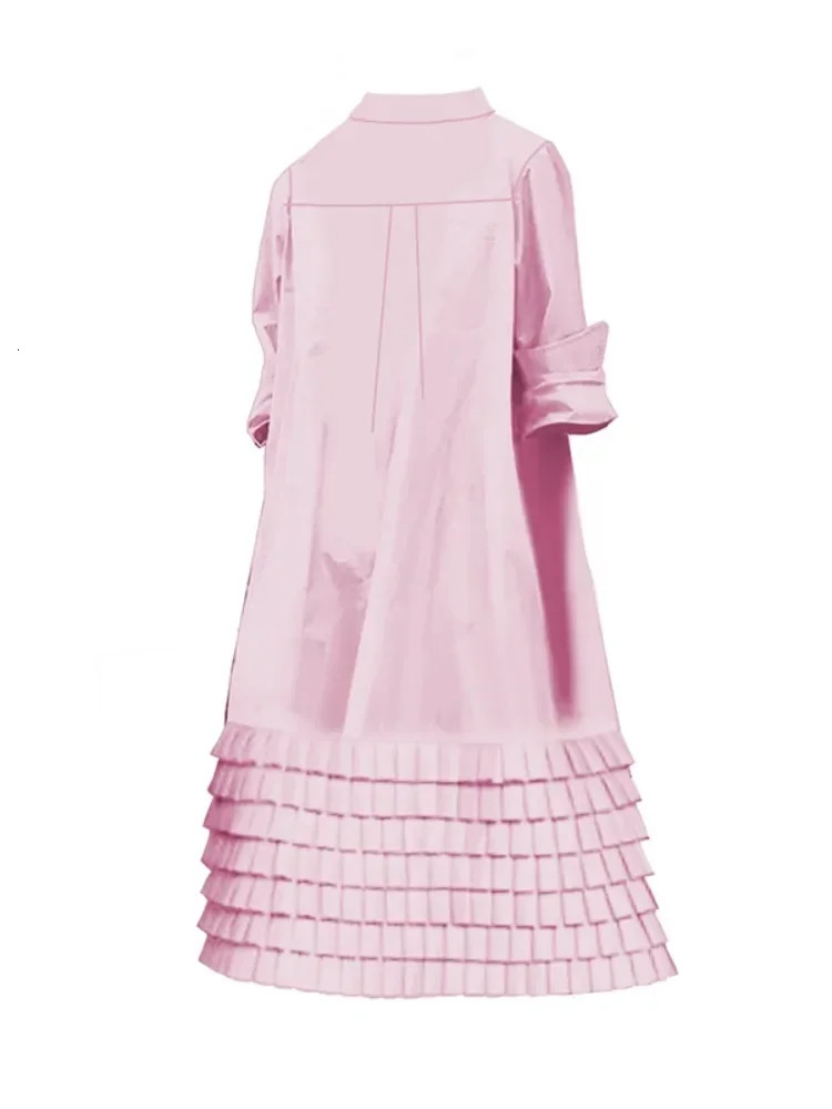 Womens ALine Midi Dresses Autumn Summer Long Sleeves Layered Pleated Pockets Solid Color Lapel Shirt Dress 250728