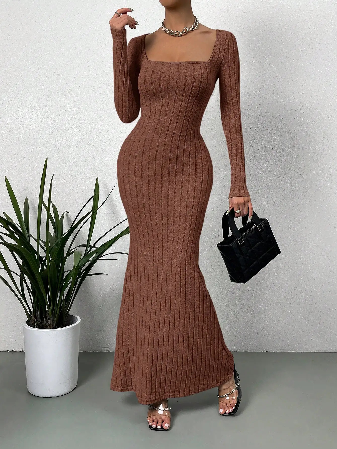 Autumn and Winter Square Collar Slimming Waist n Fashion Sense Knitted Womens Dress 250728