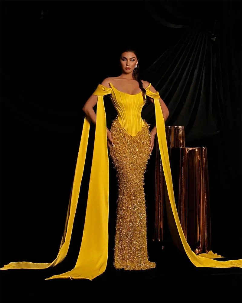 Fashion Evening Dresses For Women Off Shoulder Sleeveless Wrap Gown Crystal Sequins Floor Length Dress Party Customized Dress