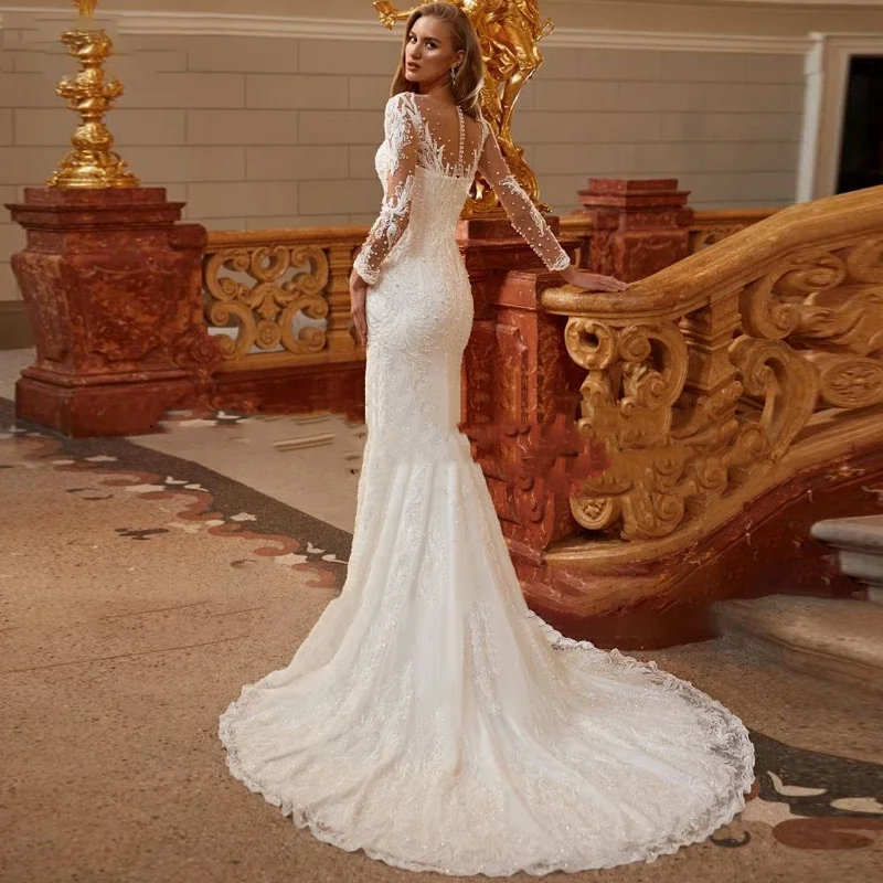 with Detachable Train Mermaid Wedding Dresses Lace Bead Ball Gown O-Neck Full Sleeve Bridal Gowns Sweep Train Custom Made Color/Size